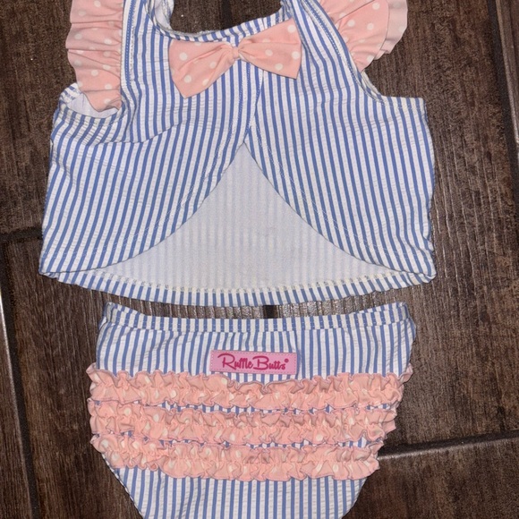 Ruffle Butts Other - Ruffle Butts girls Blue Striped swimsuit with Pink Accents